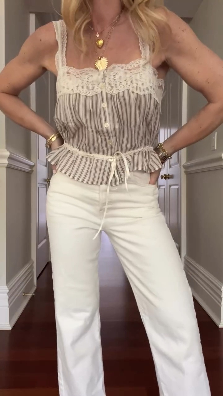 Striped lace cami + white jeans