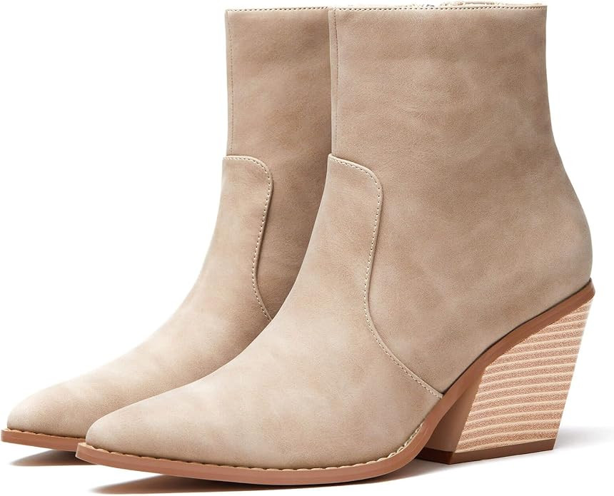 Coutgo Womens Pointed Toe Ankle Boots Block Stacked Heel Fall Booties Side Zipper Dress Shoes | Amazon (US)