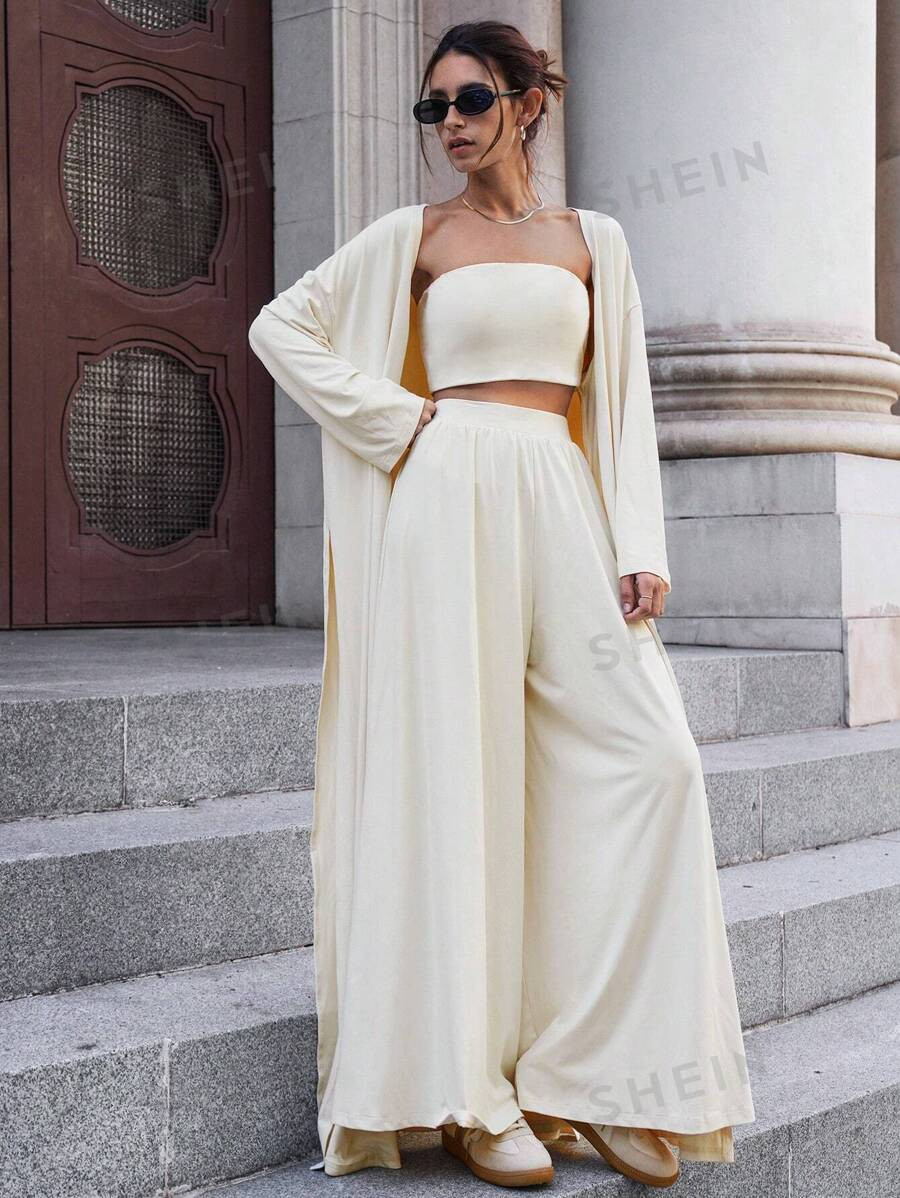 SHEIN Essnce 2024 Autumn Women's Suit Home Casual Wide Leg Pants + Padded Bra Style Tube Top + Lo... | SHEIN