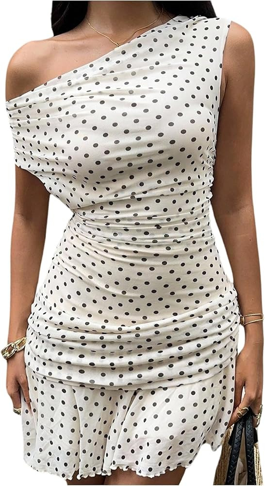 Floerns Women's Polka Dots Mini Dresses Off The Shoulder Ruched Asymmetrical Ruffle Short Dress | Amazon (US)