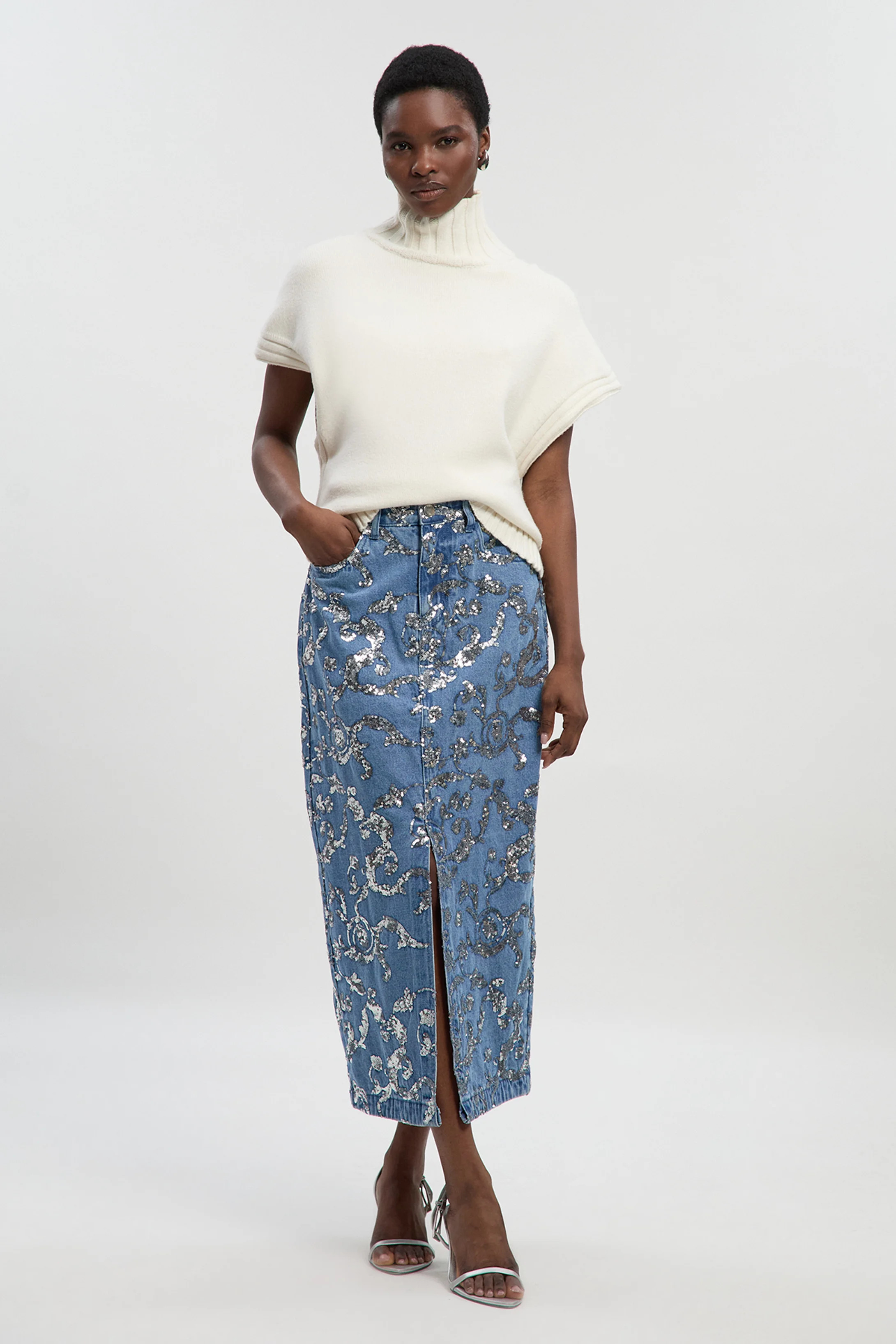 Sequin Denim Pencil Skirt | Karen Millen UK + IE + DE + NL