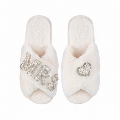 Anna-Kaci Lounge Women's Plush Crisscross Slide Slippers with Valentine Pearl Letter Embellishment and Cushioned Footbed- 5.5-6.5, White | Target