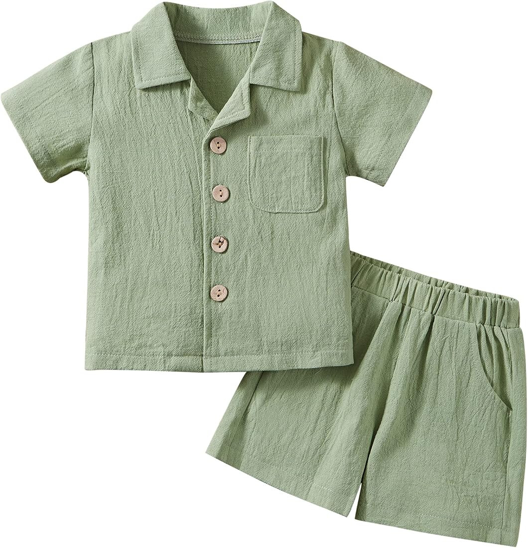 Weixinbuy Baby Boy Clothes Set Toddler Summer Outfit Cotton Linen Short Sleeve T-shirt Top Pocket... | Amazon (US)