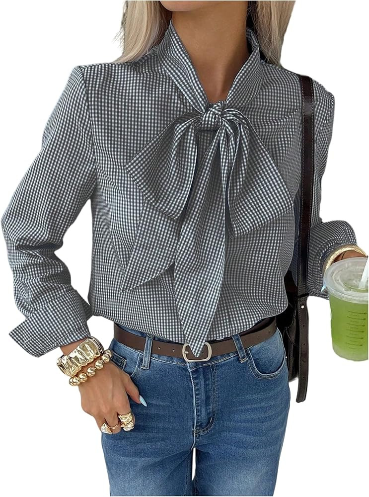 Floerns Women's Elegant Tie Neck Plaid Shirts Long Sleeve Dressy Casual Blouse Tops | Amazon (US)