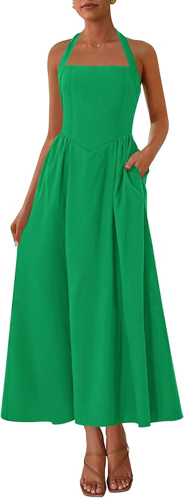KIRUNDO Women Summer Sleeveless Halter Maxi Dress Sundress 2025 Casual Flowy Wedding Guest Cockta... | Amazon (US)