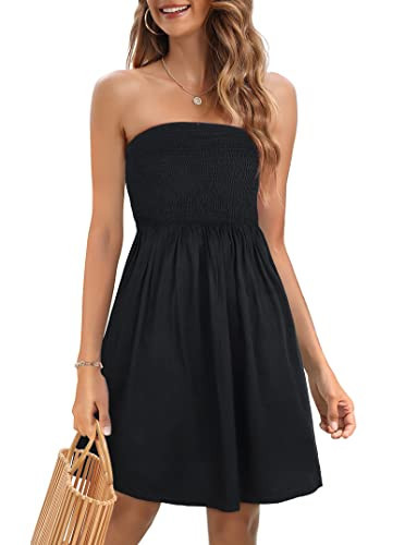 rosemia Strapless Dresses for Women Summer Casual Beach Cover Ups Off Shoulder Sundresses（Solid Black，S） | Amazon (US)