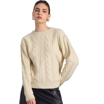 INSPIRE CHIC Women's Long Sleeve Pullover Tops Cable Knit Crew Neck Sweater Beige Small | Target