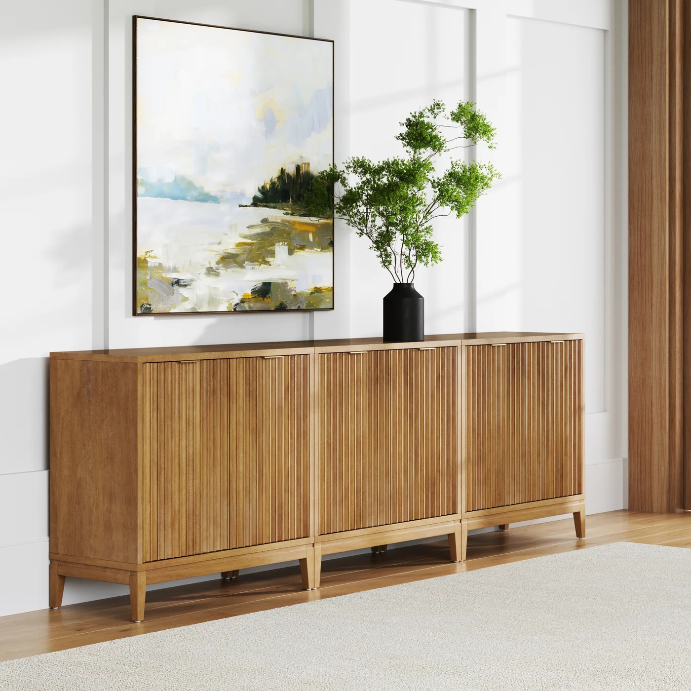 Mid-Century Fluted Storage Cabinet Credenza Light Brown (Set of 3) | Nathan James