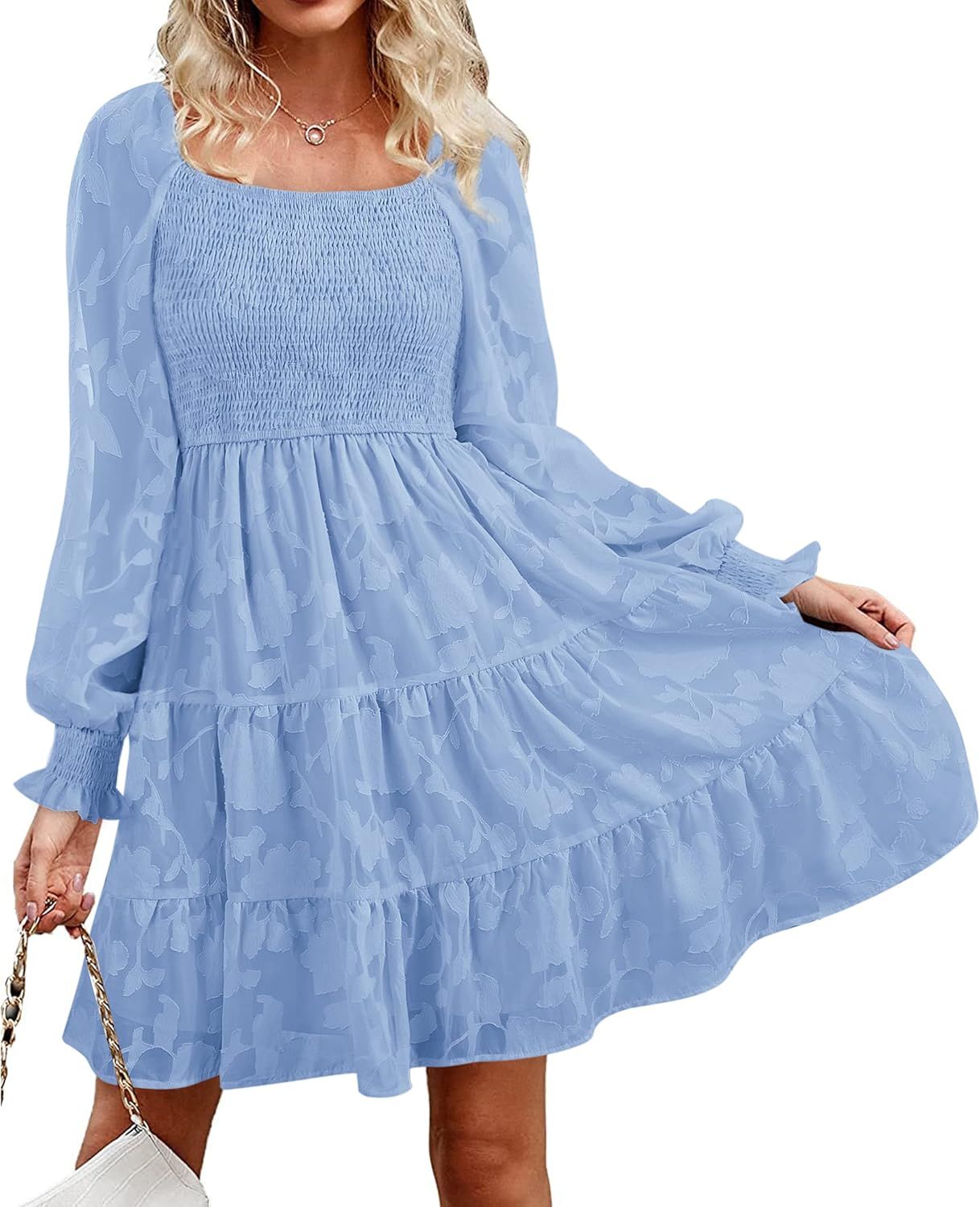 BZB Womens Lantern Sleeve Smocked Mini Dresses Square Neck A Line Babydoll Short Dress S-2XL | Amazon (US)