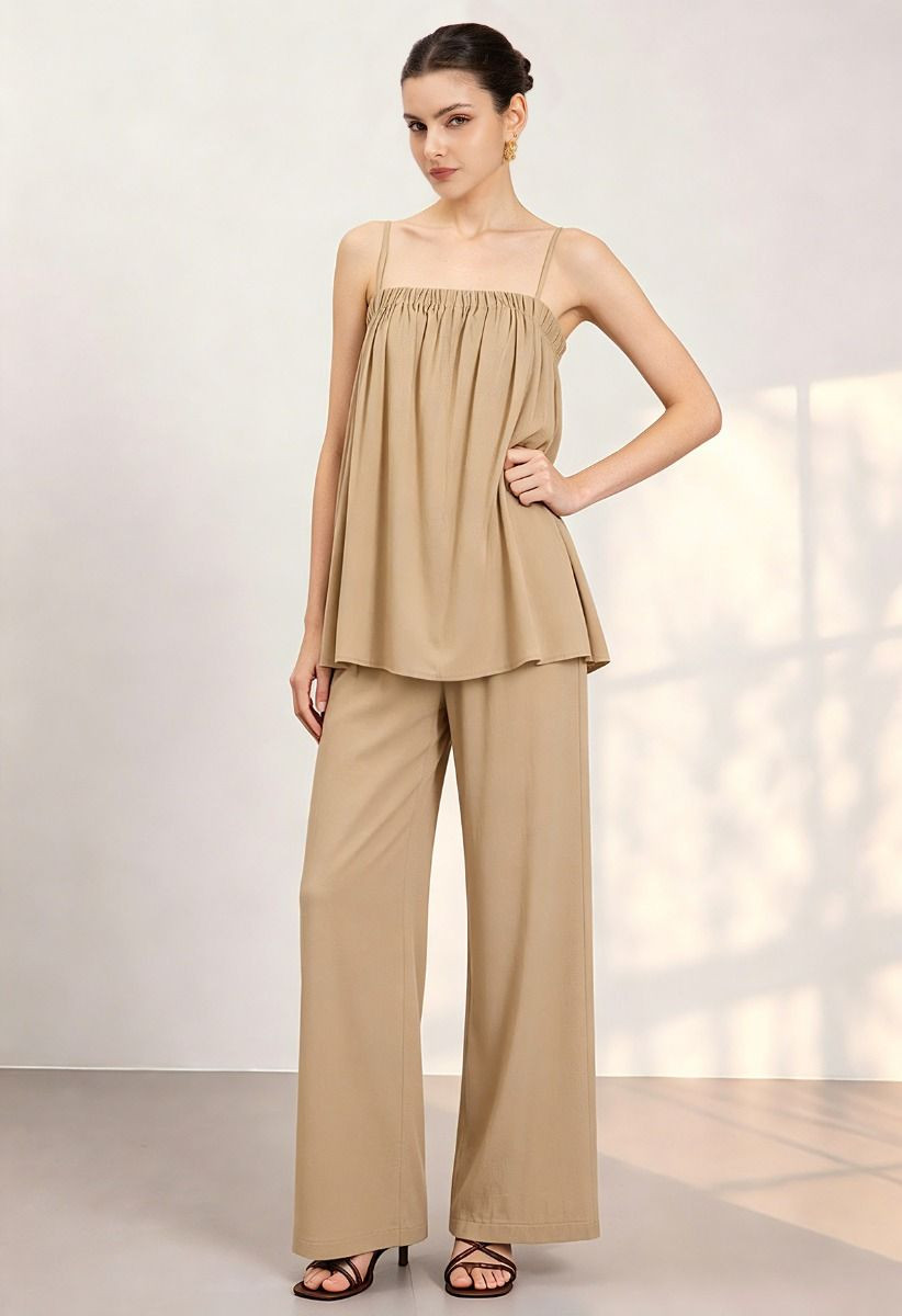 Elasticated Neckline Swing Cami Top and Pants Set in Khaki for Beach Vacations & Resort Stays | Chicwish