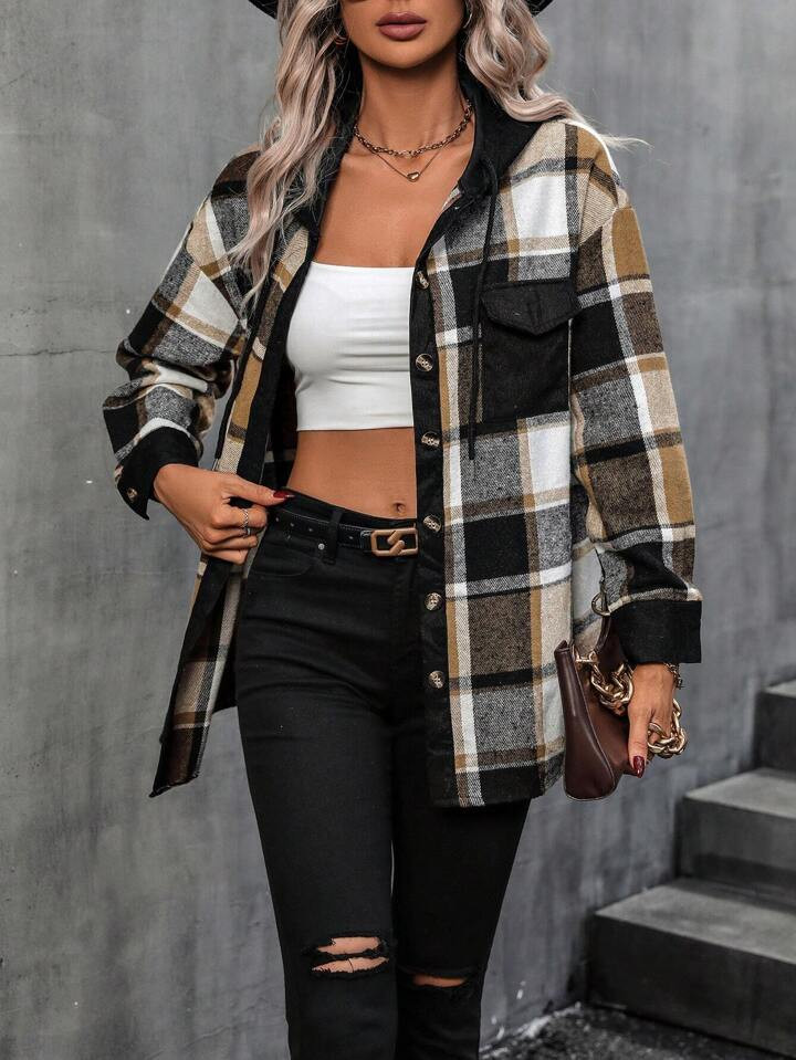 SHEIN LUNE Plaid Print Drop Shoulder Hooded Coat | SHEIN