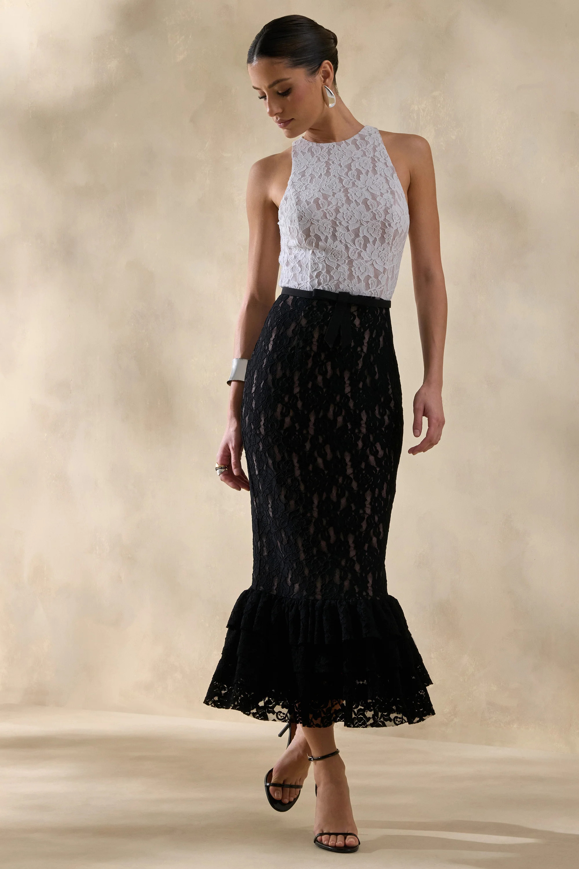 Vionna | Black And White Lace High-Neck Midi Dress With Bow-Belt Detai | Club L London