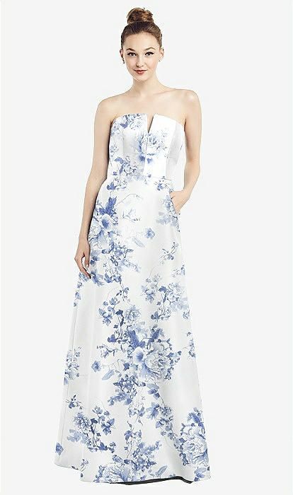Strapless Notch Floral Satin Gown with Pockets in Cottage Rose Larkspur | The Dessy Group