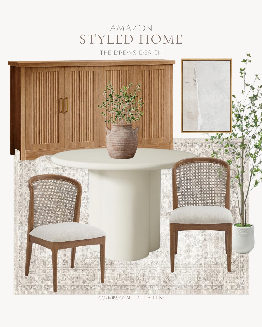 Styled dining room includes faux tree, dining chairs, neutral rug, dining table, vase, greenery stems, and buffet.

Neutral home, neutral dining room, home decor, styled home

#LTKSeasonal #LTKHome #LTKSaleAlert