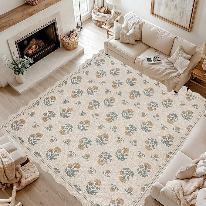 ORTIGIA Scalloped Easy Jute 8x10 Area Rug Vintage Yellow Floral Farmhouse Washable Rug Non-Slip I... | Amazon (US)