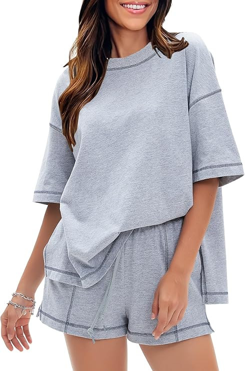 EXLURA Women's Casual Summer 2 Piece Sets 100% Cotton Short Sleeve Tshirt and Shorts Matching Swe... | Amazon (US)