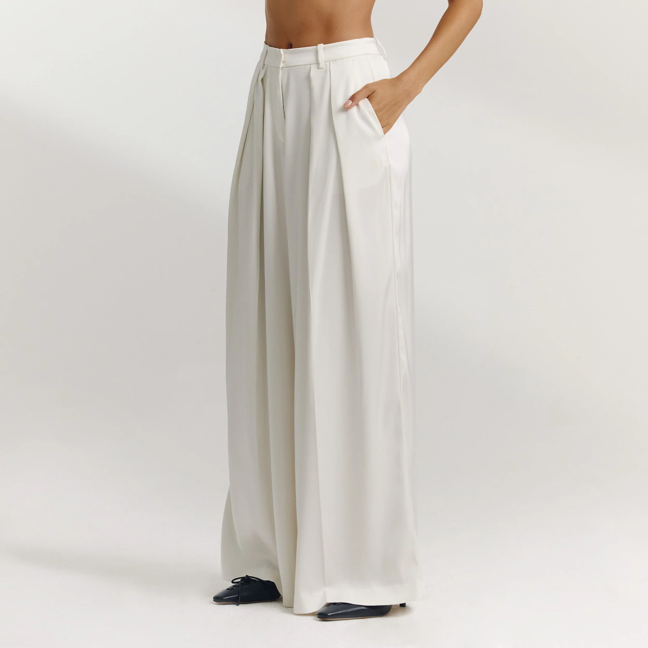 Satin Wide-Leg Trousers - Off White | Lounge (UK)