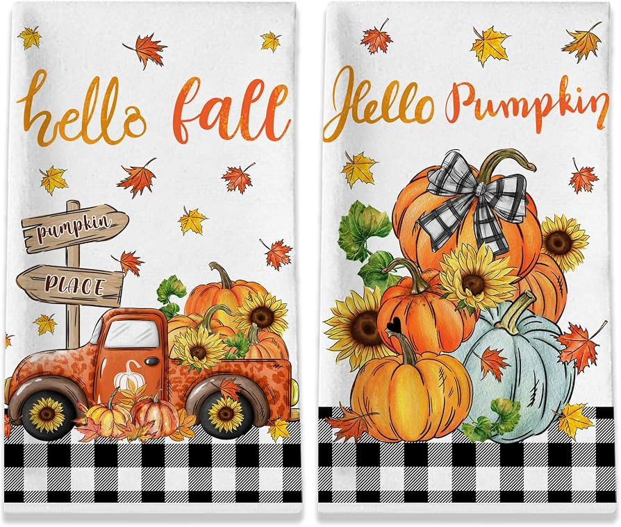 Fall Kitchen Towels, Hello Fall Towels Set of 2, Fall Pumpkins Dish Towels for Kitchen with Truck... | Amazon (US)