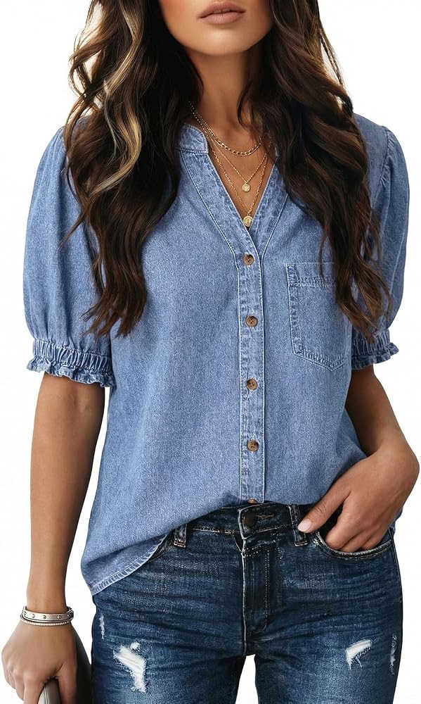 Dokotoo Women Denim Shirt Button Down Casual Short Sleeve V Neck Blouse Summer Tops | Amazon (US)