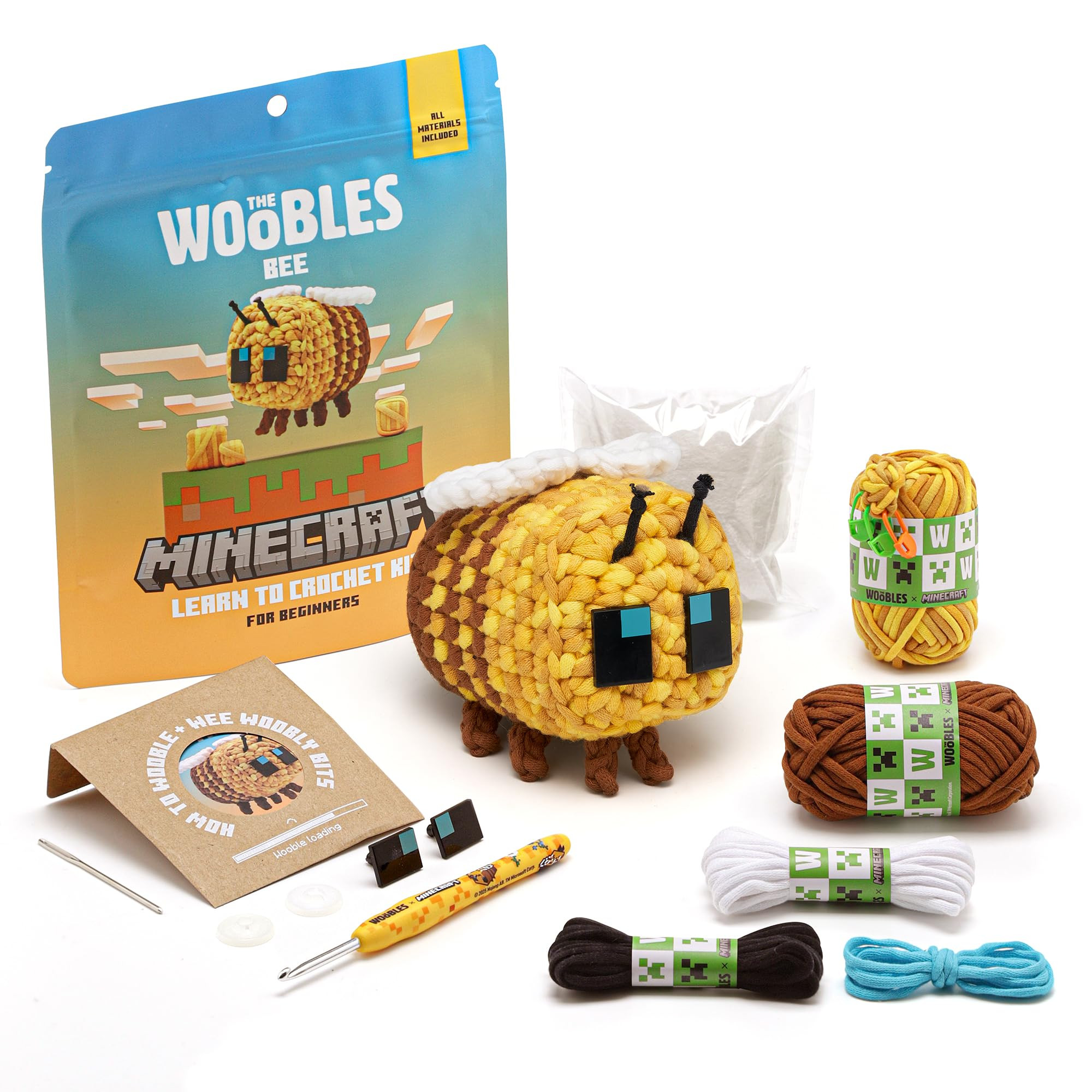 The Woobles Minecraft Crochet Kit – Beginner Crochet Kit for Adults & Kids, Easy Knitting Kit with Woobles Yarn, DIY Crafts, Crochet Animals, Minecraft Toys, Gift for Gamers & Crafters (Bee) | Amazon (US)