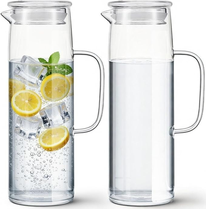 Hsei 2 Sets Glass Pitcher with Lid, 50 oz / 1500 ml Water Carafe with Handles Hot Cold Beverage W... | Amazon (US)