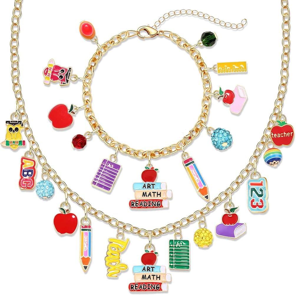 Teacher Necklace Earrings Bracelet for Women, Teacher Accessories, Cute Apple Pencil Book Charms ... | Amazon (US)