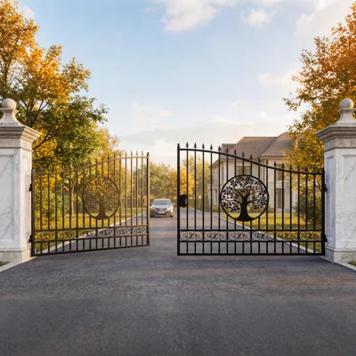 Steel Dual Swing Driveway Gate With Tree Pattern | Wayfair North America