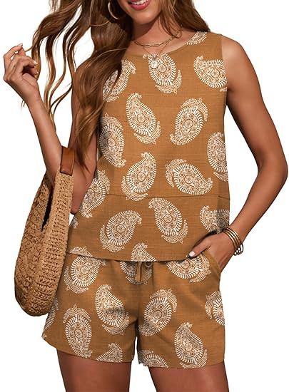 LOMON Women's Trendy 2 Piece Outfits Shorts Sets Summer Crew Neck Sleeveless Tank Top and Bottom ... | Amazon (US)