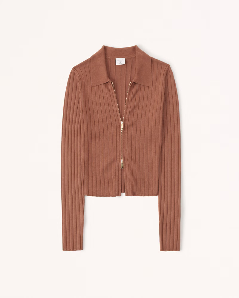 Long-Sleeve Slim Zip Polo Top Brown Top Tops Brown Cardigan Summer Outfits Business Casual | Abercrombie & Fitch (US)