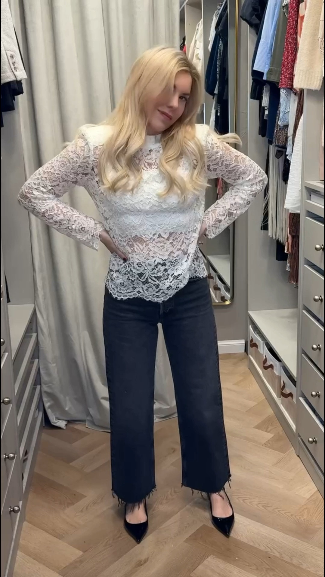 Lace top
Black jeans 
Wide leg cropped jeans 
Kitten heel 
Spring Outfit 

#LTKSeasonal #LTKgrwm #LTKootd