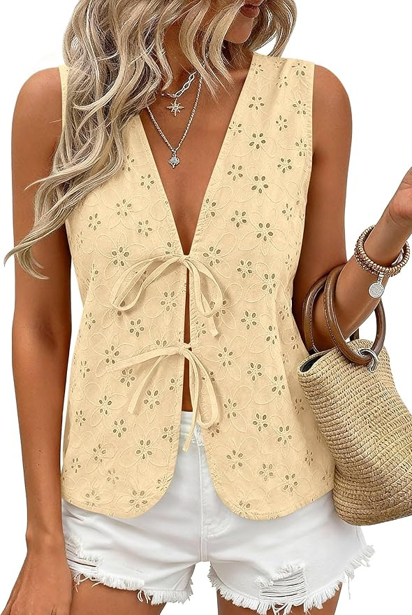 PRETTYGARDEN Women 2026 Summer Tie Front Eyelet Tank Tops Trendy Floral Vest Sleeveless V Neck Dr... | Amazon (US)