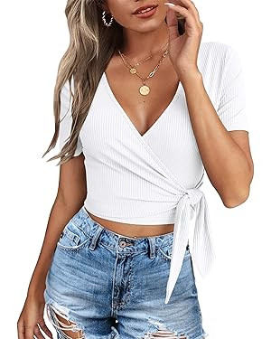 Crop Tops for Women Summer Cute Tops with Deep V Neck Shirts Sexy Unique Cross Wrap Slim Fit Tie ... | Amazon (US)