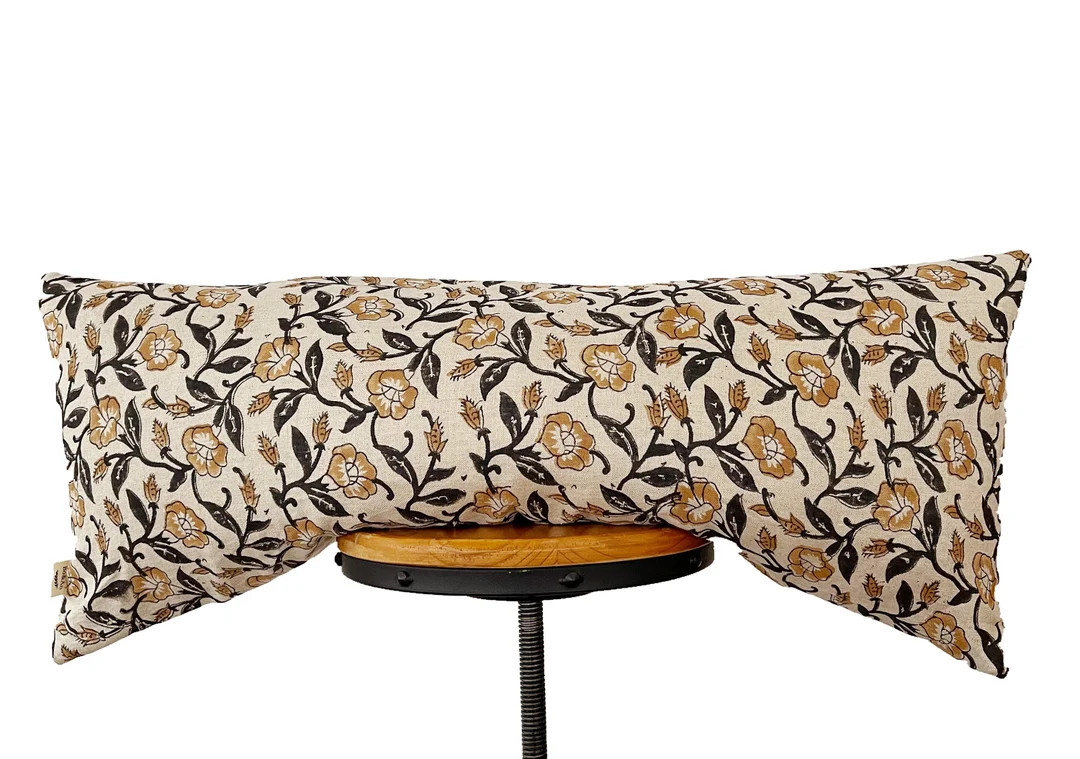 Block Print Linen Pillow Cover Natural and Black yellow/tan - Etsy | Etsy (US)