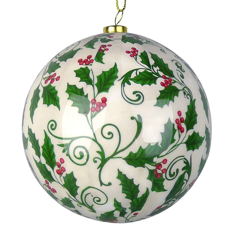 Classic Christmas Holly Printed Ball Ornament, 4" | At Home