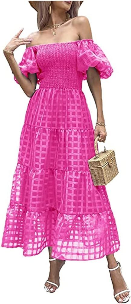 Womens Casual Summer Cold Shoulder Ruched Square Neck Smocked Tiered Ruffle Dresses | Amazon (US)