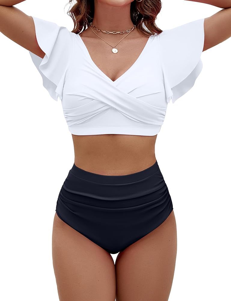 BMJL Womens High Waisted Bathing Suits Tummy Control Two Piece Swimsuits Ruffle Bikini Sets Criss... | Amazon (US)