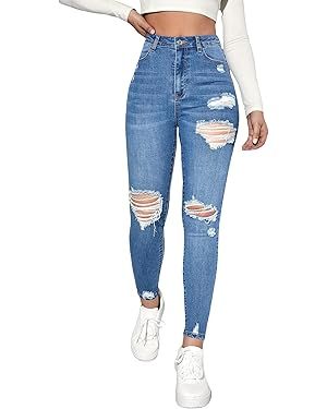 MakeMeChic Women's Ripped Skinny Jeans Casual High Waisted Distressed Stretch Denim Pants | Amazon (US)