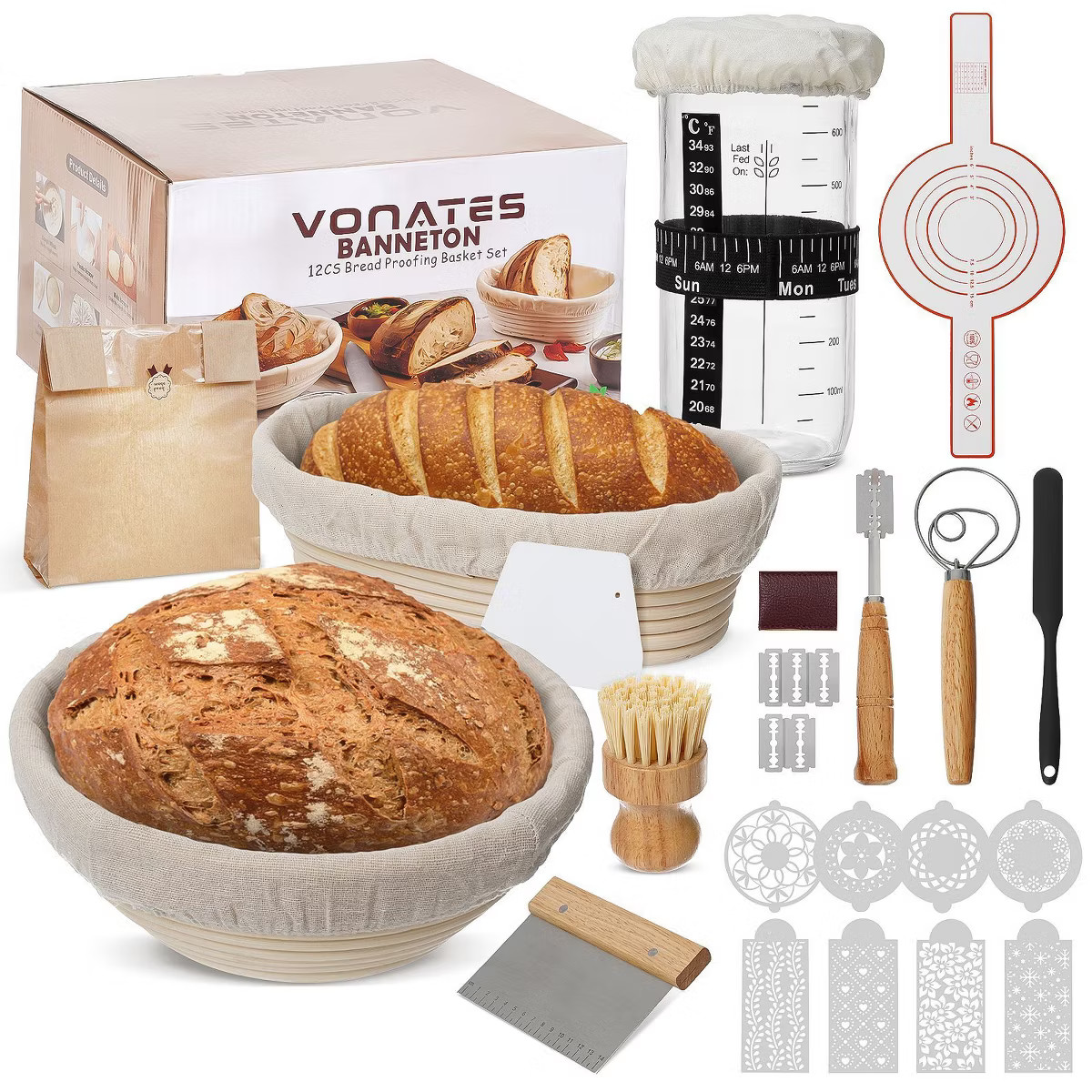 VONATES Upgraded Sourdough Bread Making Kit – 9" Round & 10" Oval Banneton, Starter Jar & More ... | Target