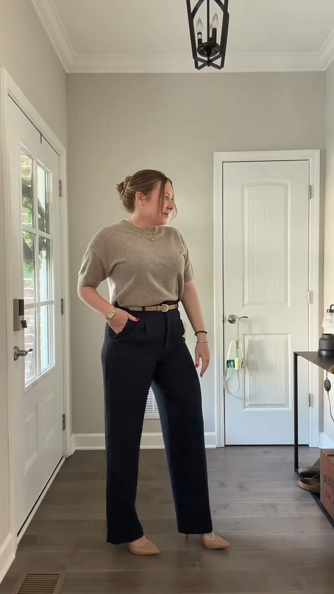Short sleeve cashmere sweater / tts wearing a medium 
Navy wide leg trousers / I size up one to a 10
Tan pumps / tts 
Gold necklace 
Evil eye necklace 
Two tone watch

#LTKootd #LTKdayinmylife #LTKWorkwear