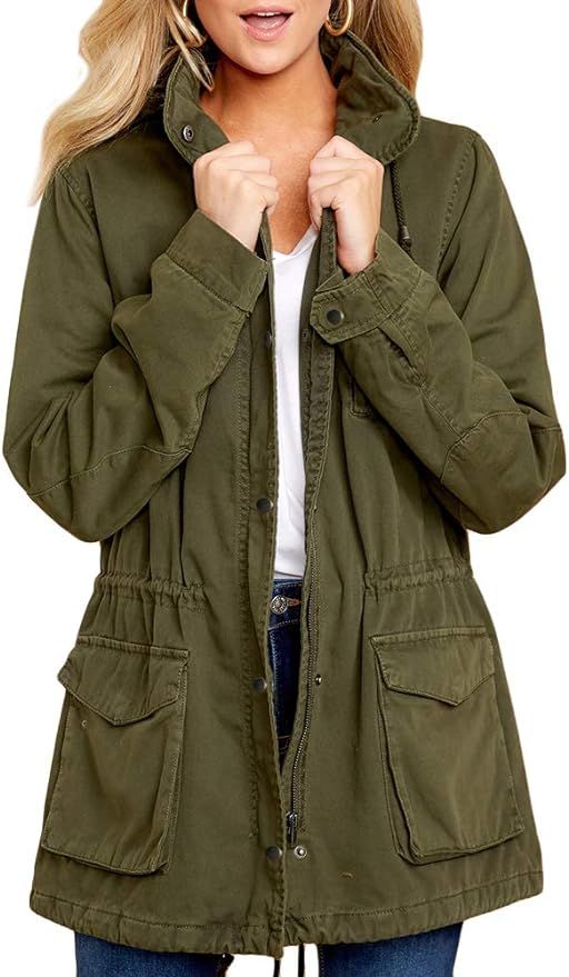 Soulomelody Womens Military Safari Anorak Jacket Hoodies Zip Up Parka Casual Drawstring Coat with... | Amazon (US)