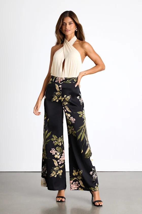 Thriving Vibes Black Multi Floral Print Satin Wide-Leg Pants | Lulus
