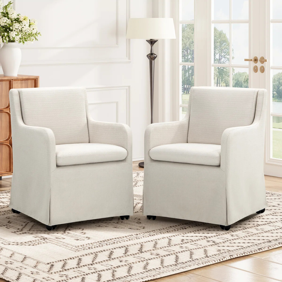 19" Wide Modern Fabric Upholstered Removable Cushions Dining Armchair with Casters (Set of 2) | Wayfair North America