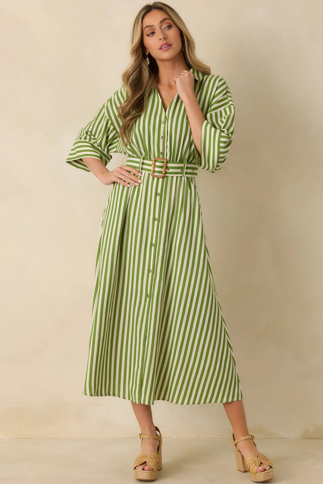 Lighthearted Days Green Stripe Belted Button Front Maxi Shirt Dress | Red Dress