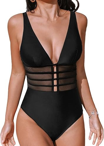 CUPSHE Women's One Piece Swimsuit Tummy Control Bathing Suit Deep V Neck Cut Out Mesh Adjustable ... | Amazon (US)