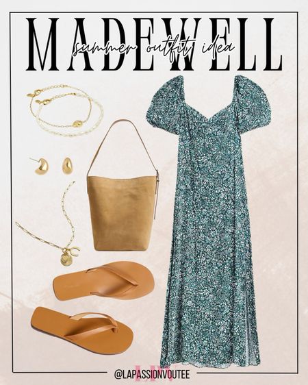 Channel your inner goddess with our stunning puff sleeve dress, adorned with delicate droplet earrings and a statement chain necklace. Complete the look with a chic bracelet set and a versatile bucket tote bag. Slip into our stylish thong slide sandals for effortless elegance all summer long.

#LTKstyletip #LTKxMadewell #LTKSeasonal