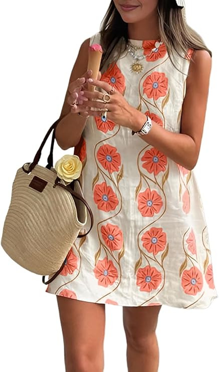 CHARTOU Women 2025 Summer Sleeveless Floral Short Shift Dress Cotton Linen Loose Tank Dress | Amazon (US)