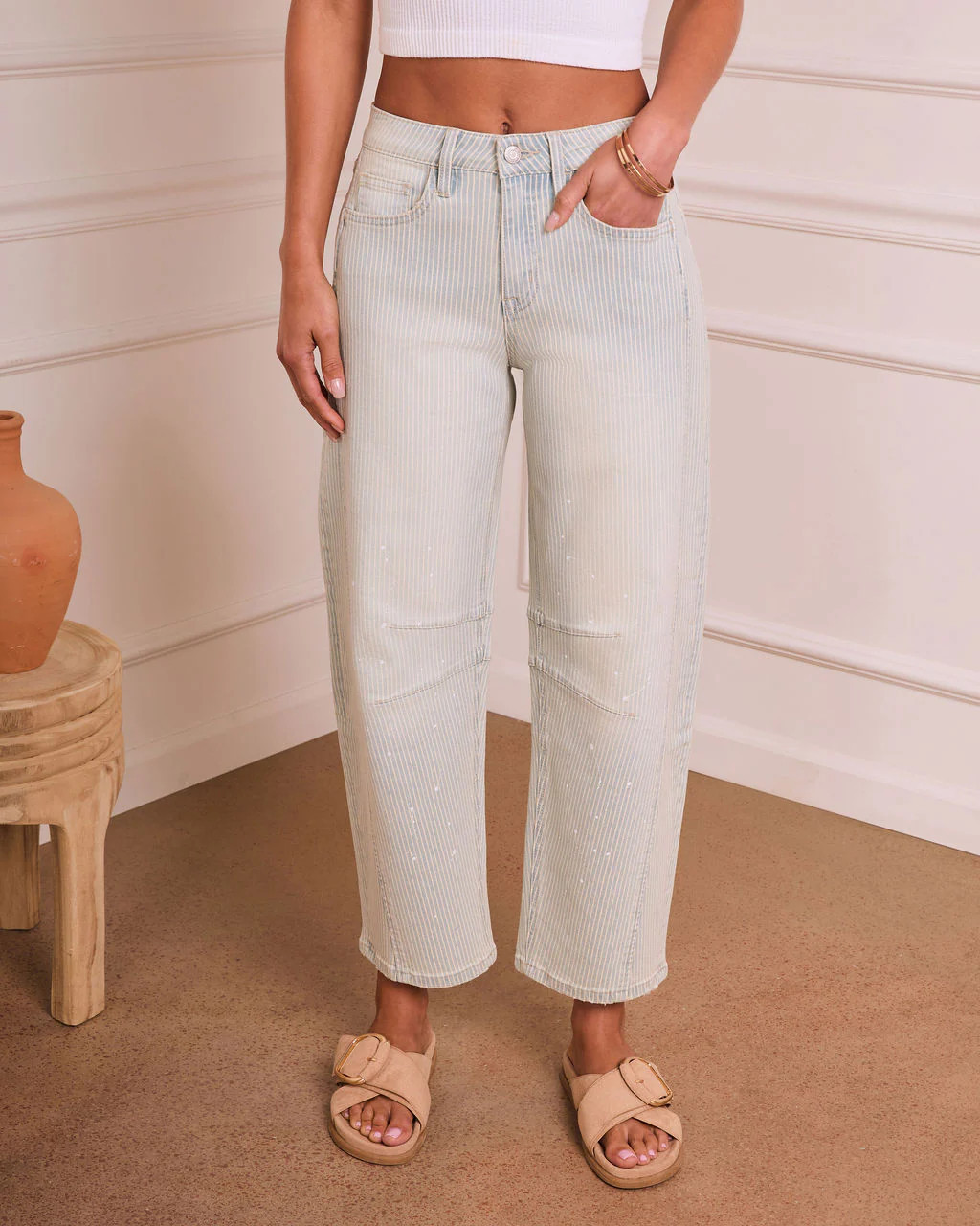 Lirah Stretch High Rise Barrel Leg Striped Jeans - Light Wash / 25 | VICI
