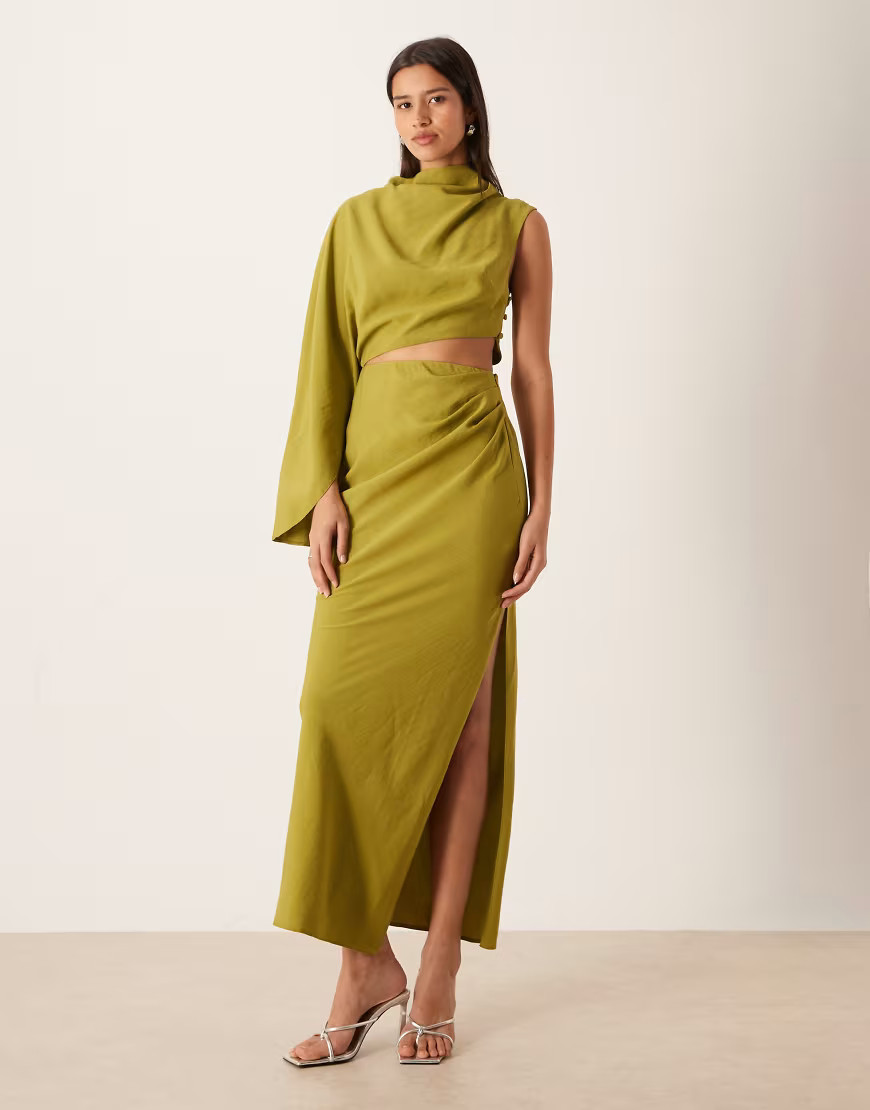 ASOS DESIGN high neck one-shoulder maxi dress with batwing sleeves and cut-out in olive green | ASOS (Global)
