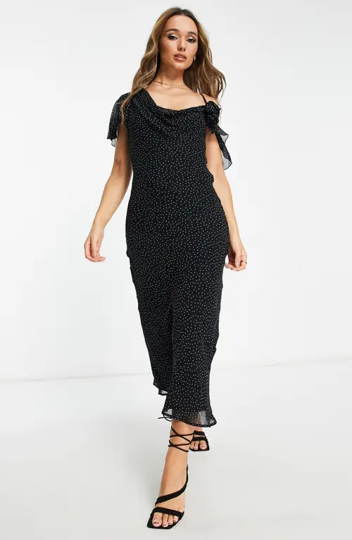 ASOS DESIGN Cowl Neck Polka Dot Midi Dress in Black at Nordstrom, Size 4 Us | Nordstrom