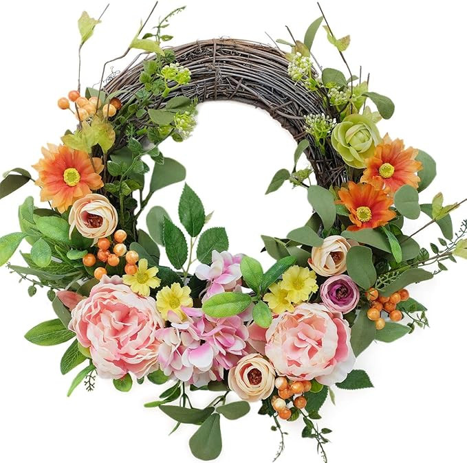 Bibelot 16 Inch Artificial Peonies Hydrangea Wreath Pink Peony Hydrangea Flowers with Daisy Wreat... | Amazon (US)